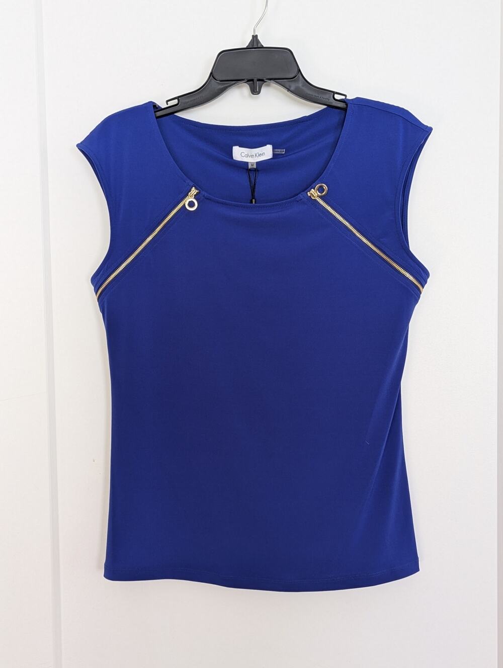 Calvin Klein Top M Royal Blue Gold Zipper Accent Cap Sleeve NWT Modern Glam